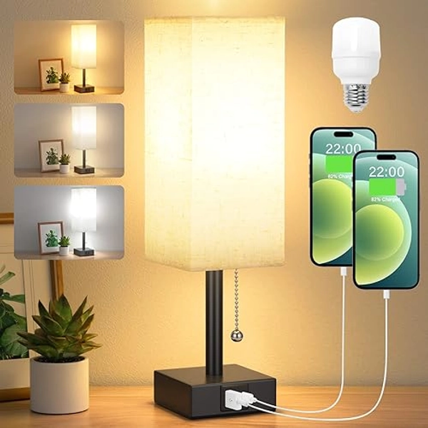 Bedside Table Lamp with 3 Color Temperatures - 3000/4000/5000K Small Lamp with USB C+A Ports, Nightstand Lamp with 3 Color Modes by Pull Chain, Bedroom Lamp for Living Read Work(LED Bulb Included) - Beige & Black - 14.7in