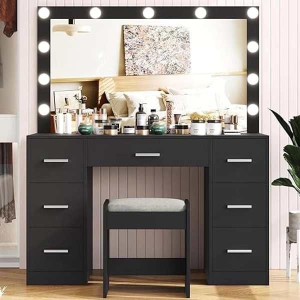 Irontar Vanity Desk with Stool, Makeup Table with Lighted Mirror, 3 Color Lighting Modes, Brightness Adjustable, Dressing Table with Drawers, Bedroom Vanity Table Set for Women, Black - Black