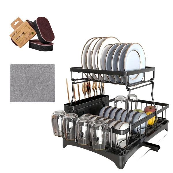 A Dish Rack Set That Includes a Cleaning Rag And Sponge, Featuring a Two-Tier Design for Draining Tableware. This Rust-Resistant Rack Is Suitable for Kitchen Countertops And Can Also Serve As a Fruit Basket Storage Solution. Color: Black.