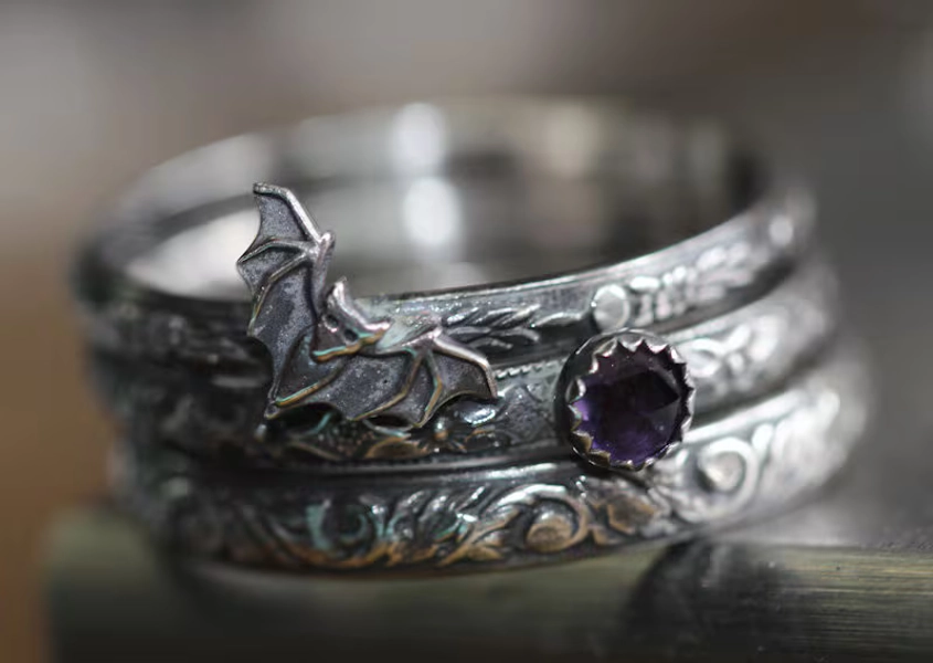Bat Ring * Vampire Bat Stacking Ring Set * Solid Sterling Silver * You Crazy Bat* Genuine AMETHYST *   Any Size