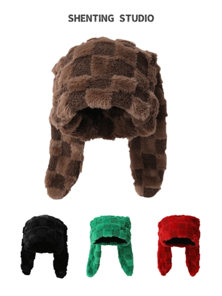 1pc Cute Rabbit Ear Houndstooth Ombre Fluffy & Knit Warm Hat, Stylish Designer Niche Women Winter Hat, Large Head Circumference Flattering