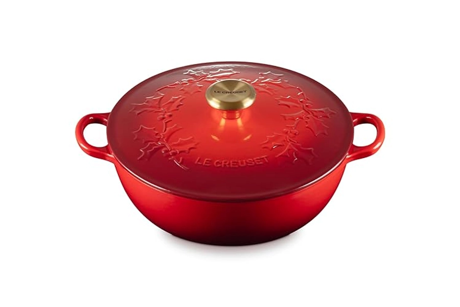 Le Creuset Enameled Cast Iron Holly Collection Soup Pot, 4.5 qt., Cerise with Gold Knob - Cerise
