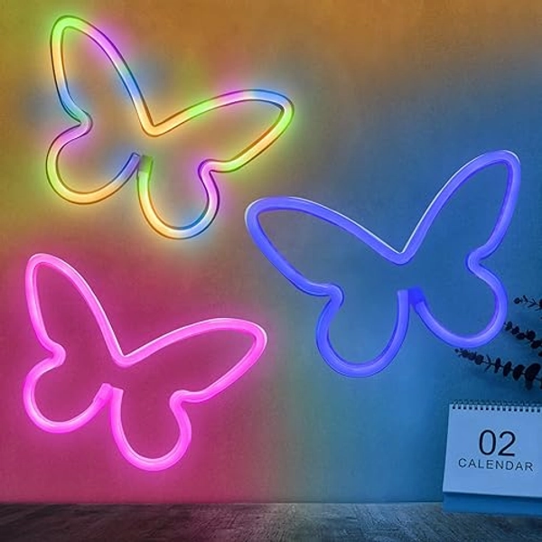 BRIGHTDECK 3 Pcs Butterfly Neon Signs, Neon Light for Bedroom, USB or 3-AA Battery Powered LED Neon Signs Wall Decor, Neon Lights for Birthday Gift, Wedding, Party, Home Decor (Pink, Blue, Colourful) - Pink, Blue, Colourful