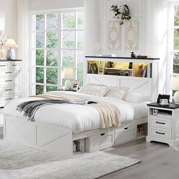 ACCOHOHO Farmhouse Full Size Wood Bed Frame with 52" Tall Storage Headboard and 4 Drawers,LED Light,Charging Station,Solid Wood Slats Support,Noiseless,No Box Spring Needed,White - White - Full