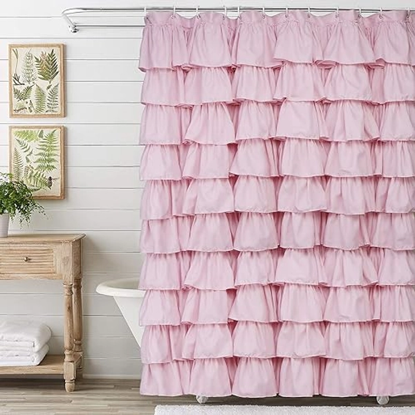 Volens Pink Ruffle Shower Curtain Farmhouse Rustic Fabric Cloth Shower Curtains for Bathroom, 72" x 72"