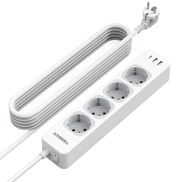 TESSAN 4 Fach Mehrfachsteckdose mit Verlängerungskabel 5M, Steckdosenleiste mit 1 USB C und 2 USB A, Mehrfachstecker mit Schalter, 3600W Verteilersteckdose Steckerleiste, Grau - 4 Fach mit USB C - 5 Meter