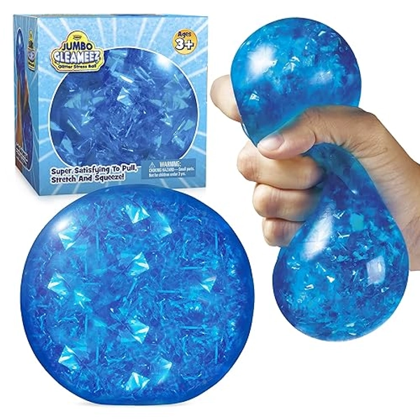 YoYa Toys Jumbo Gleameez Glitter Stress Ball Fidget Toy | Colorful Squish Ball Filled with Sparkling Foil Glitters | Excellent for Stress Relief, Focus, Relaxation & Gift Giving | Blue