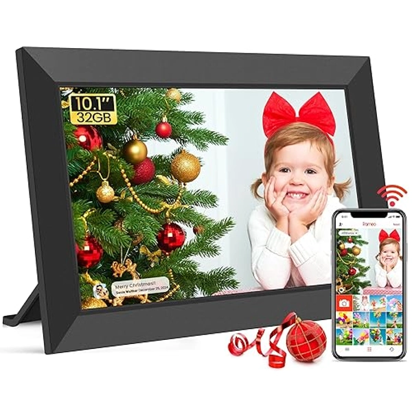 Frameo WLAN Digitaler Bilderrahmen 10,1 Zoll, HD 1280 * 800 IPS Touchscreen Elektronischer FotoRahmen mit 32GB Speicher, Auto Drehung, Einfache Weitergabe von Fotos Videos über Frameo App - 1 Packung