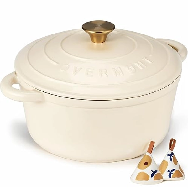 Overmont Enameled Cast Iron Dutch Oven - 4.5QT Pot with Lid Cookbook & Cotton Potholders - Heavy-Duty Cookware for Braising, Stews, Roasting, Bread Baking white - Cream white - 4.5 Quart