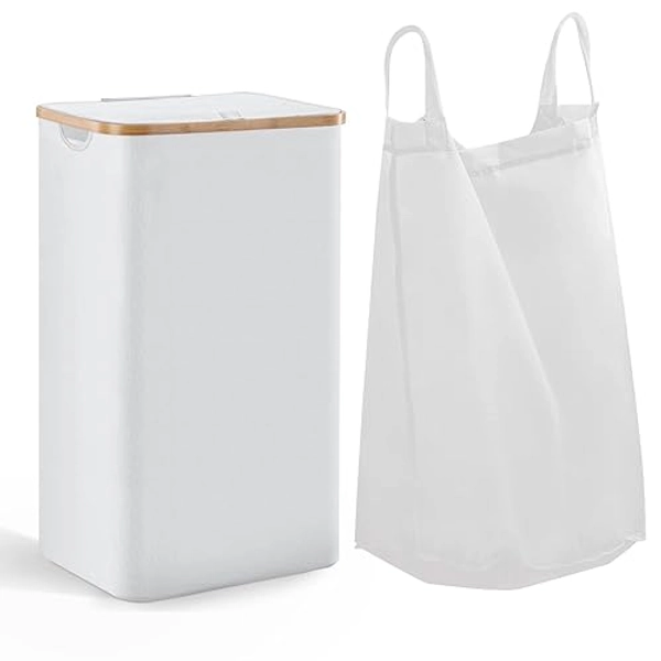 100L Large Laundry Hamper with Lid and Liner Bag, 27.6" Tall Laundry Basket with Handle, Waterproof and Collapsible Cloth Hamper for Bedroom and Bathroom, White - White