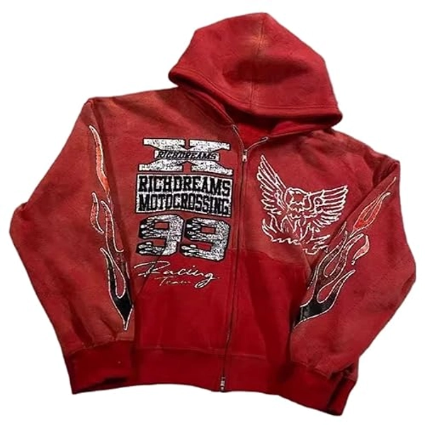 OANTGM Zip Up Hoodie Grunge Jackets Streetwear Y2k Unisex Emo Vintage 2000s Outerwear Oversized Graphic Hoodies Star Rapper - Red - Medium