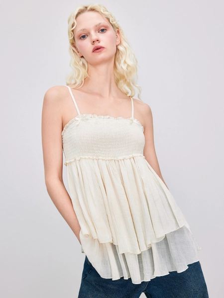 Coquette Woven Square Neck Solid Bowknot Ruffle Hem Cami Top For Picnic Vacation