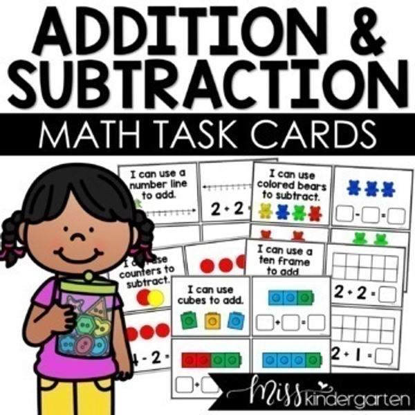 Math Centers Kindergarten Addition and Subtraction Within 20 Task Cards