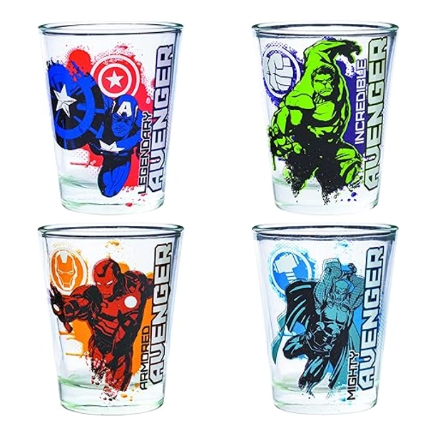 Silver Buffalo Marvel Avengers Featuring Iron Man, The Hulk, Captain America, and Thor 4 Pack Mini Glasses, 1.5 Ounces - Avengers Splatter