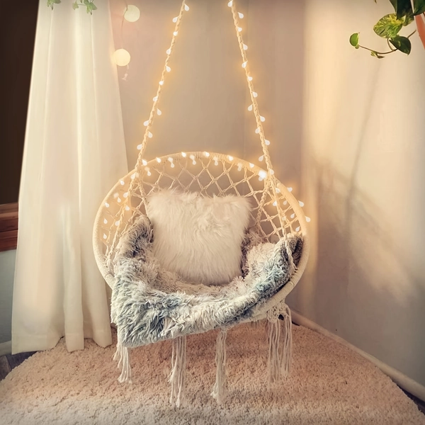 Hanging Chair For Bedroom Hammock Chair Swing With Lights And Hardware Kits Holds Up To 550Lbs Macrame Swing Chair Hanging Cotton Rope Swing Chair For Bedroom, Patio, Deck, Garden And Porch (Not Include Stand And Cushion)