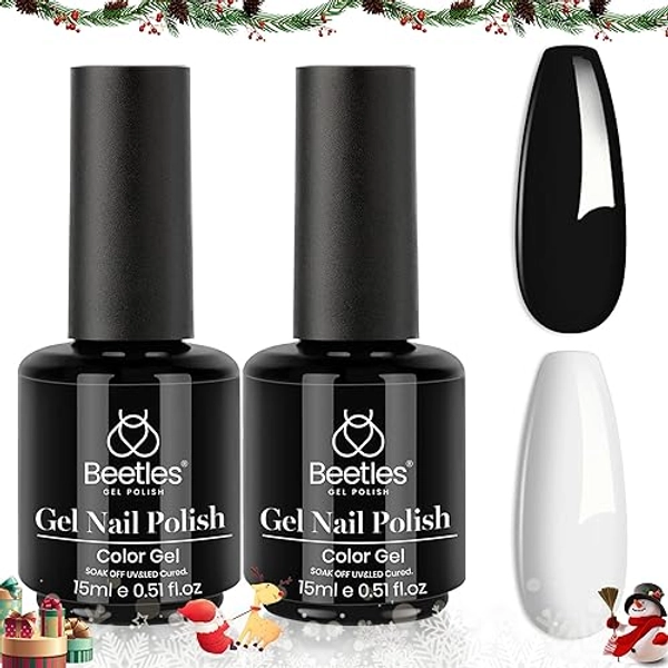 Beetles Gel Nail Polish Kit- 2 Pcs 15ml Black And White Gel Polish Black Winter Gel Nail Polish Black Nail Polish Soak Off Led Gel Polish Nail Art Manicure Salon Diy at Home
