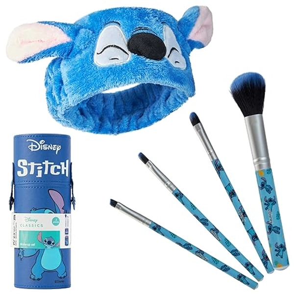 Disney Stitch Makeup Brush Set for Women Fluffy Makeup Headband Eyeshadow Brushes Travel Case Stitch Gifts (Blue) - Blue