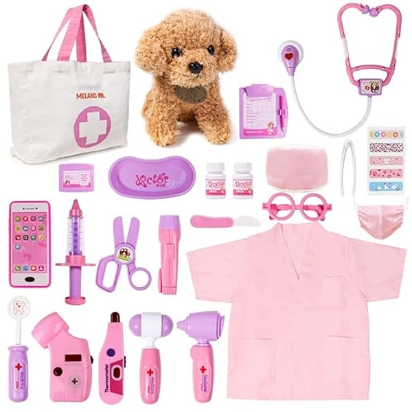 Meland Toy Doctor Kit for Girls - Pretend Play Doctor Set with Dog Toy, Carrying Bag, Stethoscope Toy & Dress Up Costume - Doctor Play Gift for Kids Toddlers Ages 3 4 5 6 Year Old for Role Play - Pink with Doll