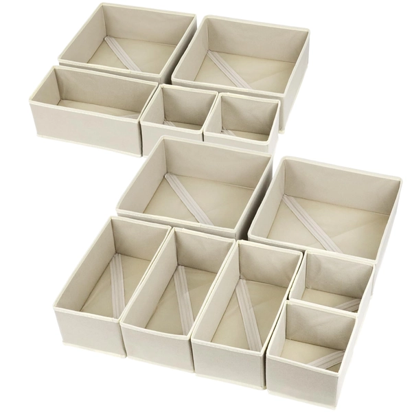 12 Pack Drawer Organizers, Drawer Dividers Storage Bins, Foldable Drawer Organizers for Clothing, Cloth Clothes Drawer Organizer for Underwear,Folded Clothes,Baby Clothing,Socks,Bra,Towels,Ties - Beige