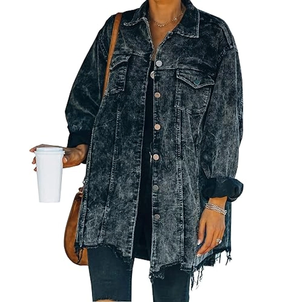 Hixiaohe Women's Casual Oversized Button Down Corduroy Shirt Jacket Coat Washed Retro Shacket - Large - Black