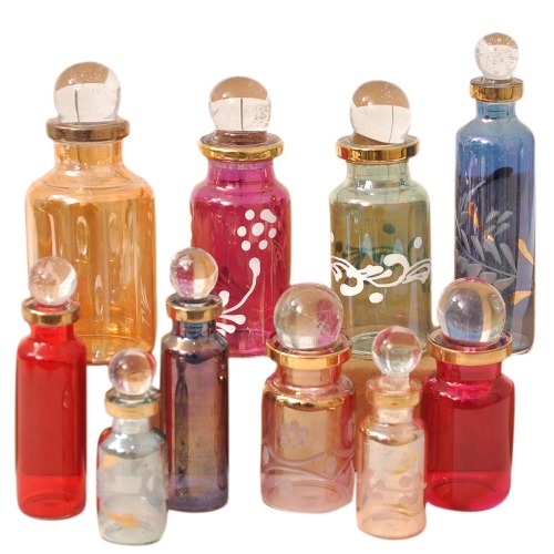 CraftsOfEgypt Genie Blown Empty Glass Mini Bottles for Perfume, Essential Oils or Potion - Set of 10 Decorative Small Vials, Each 2" High (5cm), Assorted Colors - Mix Colors-Set of 10