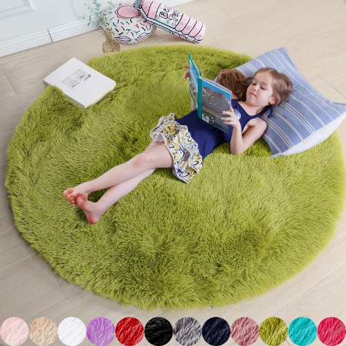 Grass Green Round Rug for Bedroom,Fluffy Circle Rug 4'X4' for Kids Room,Furry Carpet for Teen's Room,Shaggy Circular Rug for Nursery Room,Fuzzy Plush Rug for Dorm,Green Carpet,Cute Room Decor for Baby - 122 cm (Round) - Grass Green
