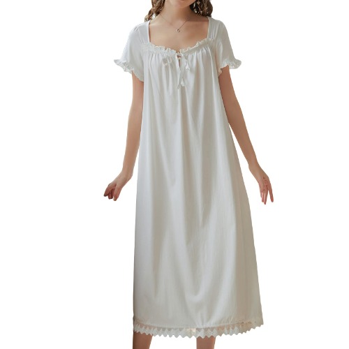 Lu's Chic Women's Victorian Nightgown Princess Cotton Sleepwear Short Sleeve Loungewear - X-Large - White