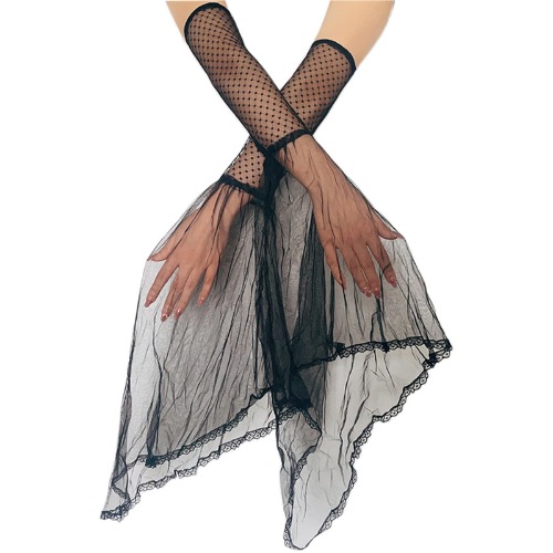 LERTREE 1920s Black Lace Sleeves Halloween Long Tulle Stage Gloves Detachable Arm Sleeves Witch Cosplay Costume ﻿