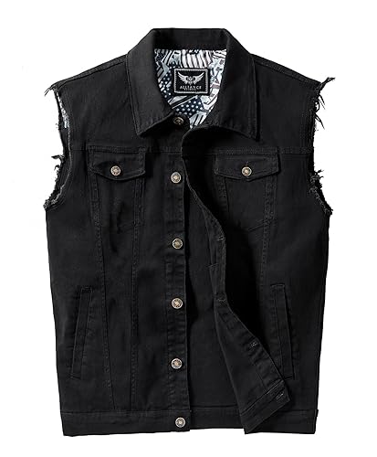 Men's Casual Jean Vest Stretchy Motorcycle Denim Sleeveless Vest - 3X-Large - Black