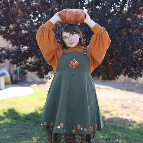 (Pre-Order) Fall Pumpkin Overalls Dress (In Production) | XXL / Sage