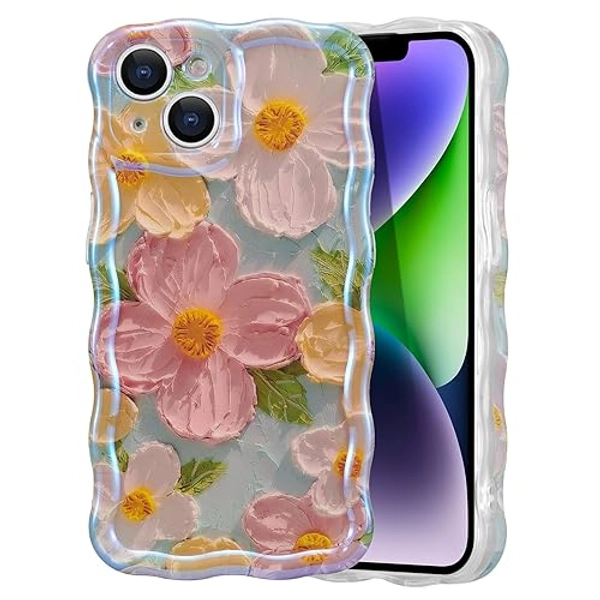 EYZUTAK Case for iPhone 13, Colorful Retro Oil Painting Printed Flower Laser Beam Glossy Pattern Cute Curly Waves Border Exquisite Phone Cover Stylish Durable TPU Protective Case for Girls Women-Green - iPhone 13 - Green