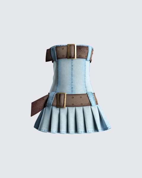 Cambry Blue Pleated Denim Dress | S