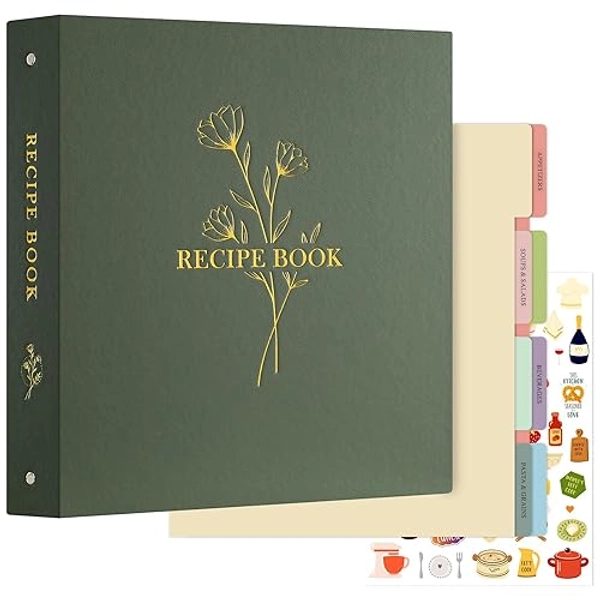 Lanpn Recipe Binder 8.5x11 3 Ring Kit, Waterproof Recipe Book Organizer Binder with 60 Plastic Sleeves,116 Recipes, Dividers,Labels & Stickers, Blank Recipe Binder to Write in Your Own Recipes, Green - 8.5 x 11 Inch - Green