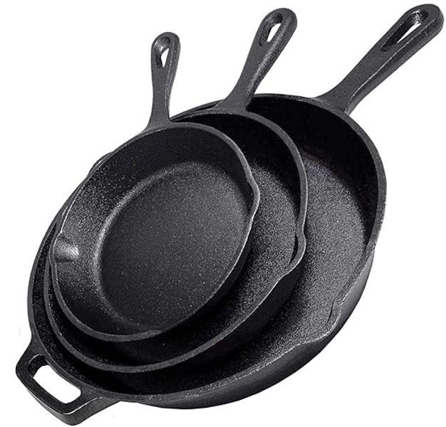 Simple Chef Cast Iron Skillet 3-Piece Set - 12", 10", 8" Heavy Duty Pans - Professional Restaurant Chef Quality Pre-Seasoned Pan Cookware Set - 8”/10”/12” Skillet Set