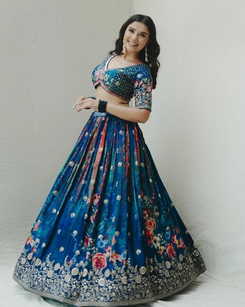 Blue Digital Print Sequin Lehengha Set