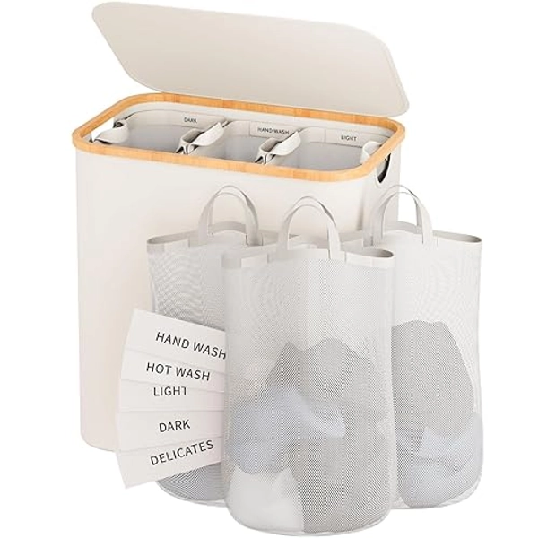 Laundry Hamper with Lid, 160L Dirty Clothes Hamper for Laundry Basket 3 Section, Extra Large Laundry Sorter Hamper 3 Compartment with Removable Inner Bags & Labels, Beige - 160L - Beige