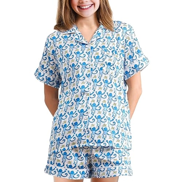 𝒌𝒊𝒅𝒔 Monkey Pajamas Pajama Set,𝑮𝒊𝒓𝒍𝒔 Monkey Pajamas Rabbit Pjs,Preppy Monkey Pajamas,Button Down Shorts Pjs - Blue - 8-9 Years
