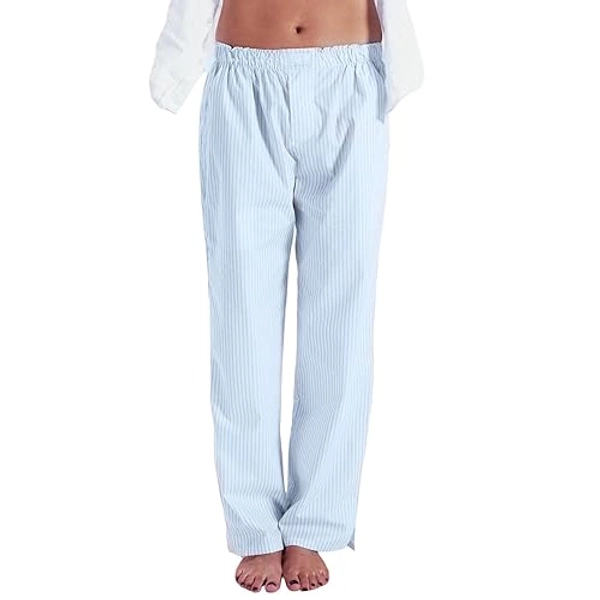 Pivanzore Women's Stripe Pajama Pants Y2K Elastic High Waisted Wide Leg Pants Loose Lounge Sleep Pants Trousers with Pockets - Side Split Sky Blue - Small
