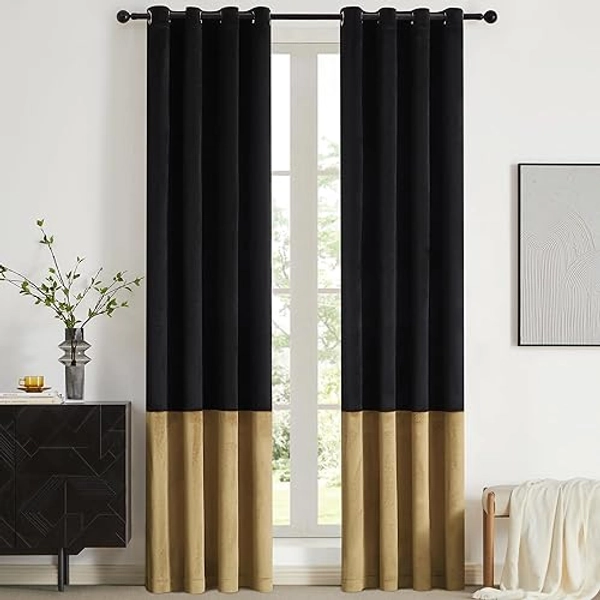 BULBUL Black Gold Color Block Window Curtains Panels 84 inches Long Velvet Farmhouse Drapes for Bedroom Living Room Darkening Treatment with Grommet Set of Black Gold - Black & Gold - 52"W x 84"L (Pack of 2)