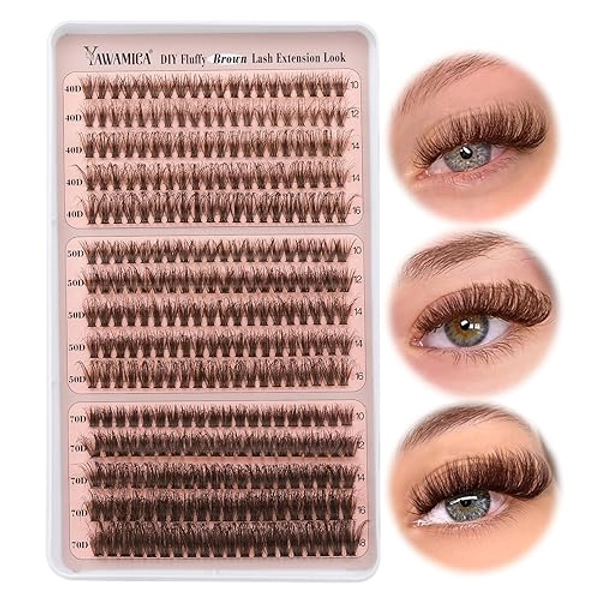 Yawamica Brown Lash Clusters Fluffy Eyelash Extension 10-16mm Individual Lashes D Curl Eyelash Clusters 40D+50D+70D Volume 300pcs Cluster Lashes Pestañas Pelo a Pelo DIY Lash Extension at Home - Brown Lash