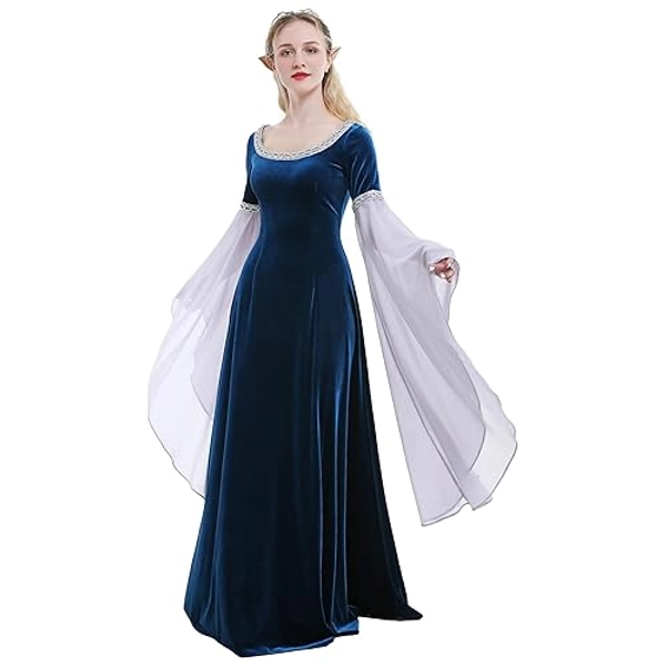 daizbella Medieval Renaissance Costume Dress Handmade Historical Rretro Dress Velvet Gown with Chiffon Sleeves - Dark Blue - Large