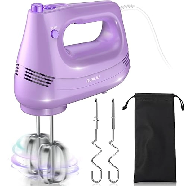 GUALIU Electric Hand Mixer with Stainless Steel Whisk, Dough Hook Attachment and Storage Bag, Handheld Mixer for Baking Cakes, Eggs, Cream Food Mixers. Turbo Boost /5 Speed Kitchen Blender PURPLE - Purple