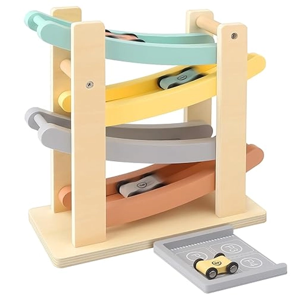 Wooden Car Ramp Toy for 1-2 Year Old Boy Girl Gifts - 4 Level Toddler Car Ramp Race Track Set with 4 Mini Cars & Garage - Montessori Baby Toys for 1 Year Old Christmas Birthday Gifts