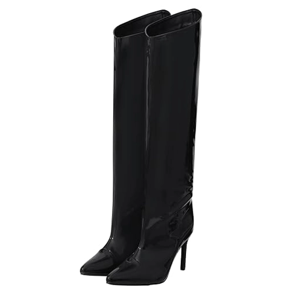 Shoe'N Tale Women's Knee High Boots Pointed Toe Stiletto High Heel Metallic Party Dressy Slip-on Booties Shoes - 6 - Black