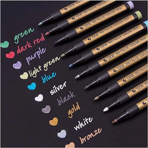 Metallic Stifte, 10 Farben Metallischen Marker Set für Fotoalbum DIY Scrapbook, Gold Stift zum Bemalen Gästebuch Hochzeit Schwarzes Papier Stein Glas Holz Ostern Basteln (2 mm) - Metallisch