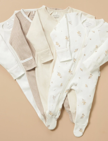 Purebaby Organic Zip Growsuit 4 Pack - Vanilla Wattle Bee | 000