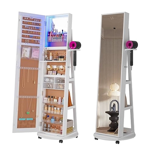 HNEBC 360° Swivel Jewelry Armoire with Mirror, LED Mirror Jewelry Cabinet Standing, Full Length Mirror with Jewelry Storage, Standing Jewelry Organizer/Lockable Wheels/Foldable Makeup Shelf (C-White) - C-White