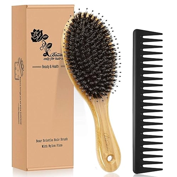 Hair Brush Comb Set Boar Bristle Hairbrush for Curly Thick Long Fine Dry Wet Hair,Best Travel Bamboo Paddle Detangler Detangling Hair Brushes for Women Men Kids Adding Shine Smoothing Hair - Natural Wood Color3