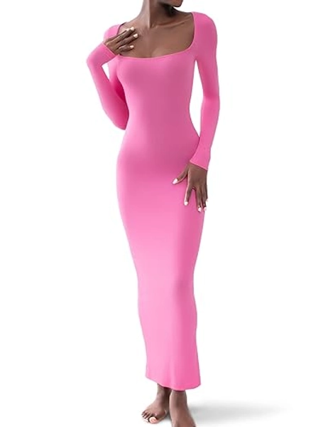 PUMIEY Women's Square Neck Long Sleeve Maxi Dress Ribbed Bodycon Dresses for Women Soft Lounge Dress - X-Small - Bubblegum