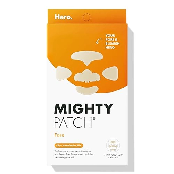 Mighty Patch Face from Hero Cosmetics - XL Hydrocolloid Mask for Acne, 5 Large Pimple Patches for Zit Breakouts on Nose, Chin, Forehead & Cheeks - Vegan-Friendly, Not Tested on Animals (1 Count) - 5 Count (Pack of 1)
